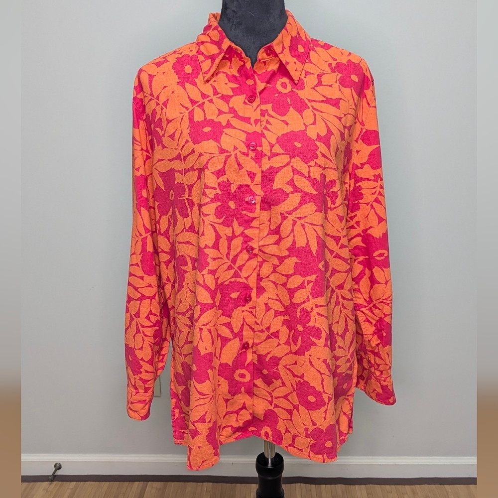 Jaclyn Smith XL Vibrant Hibiscus Pink Orange Floral Linen Blend Blouse